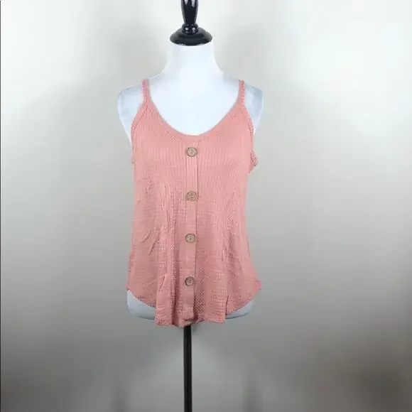 Waffle Knit Top Button Detail Pink Tank - Picture 3 of 5